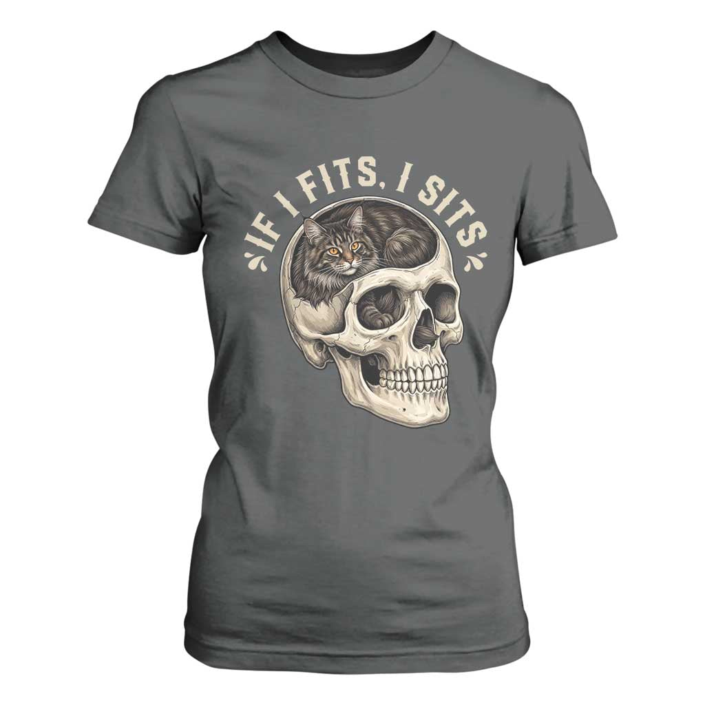 Funny Gothic Black Cat Skull T Shirt For Women If I Fits I Sits TS12 Dark Heather Print Your Wear