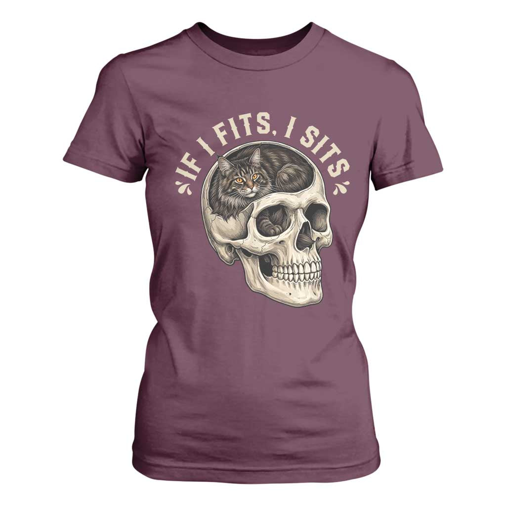 Funny Gothic Black Cat Skull T Shirt For Women If I Fits I Sits TS12 Maroon Print Your Wear