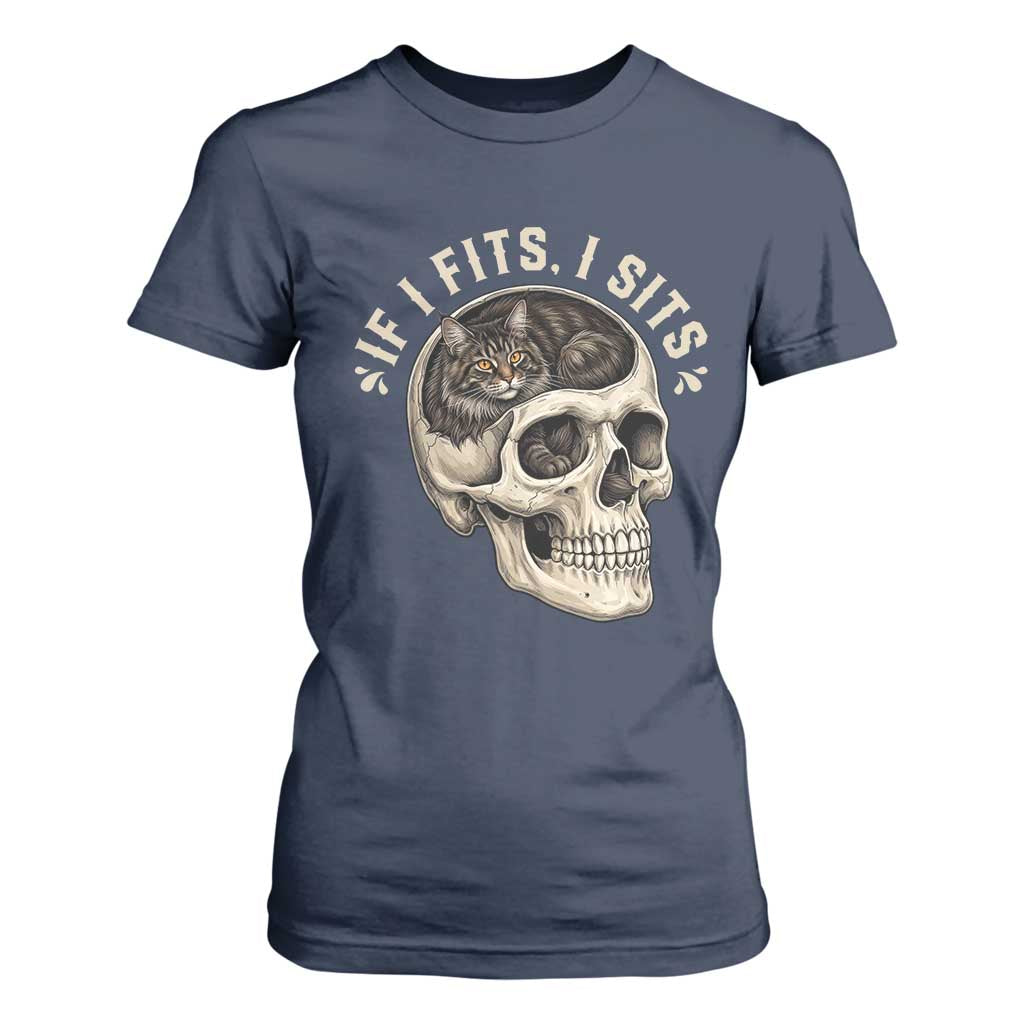 Funny Gothic Black Cat Skull T Shirt For Women If I Fits I Sits TS12 Navy Print Your Wear