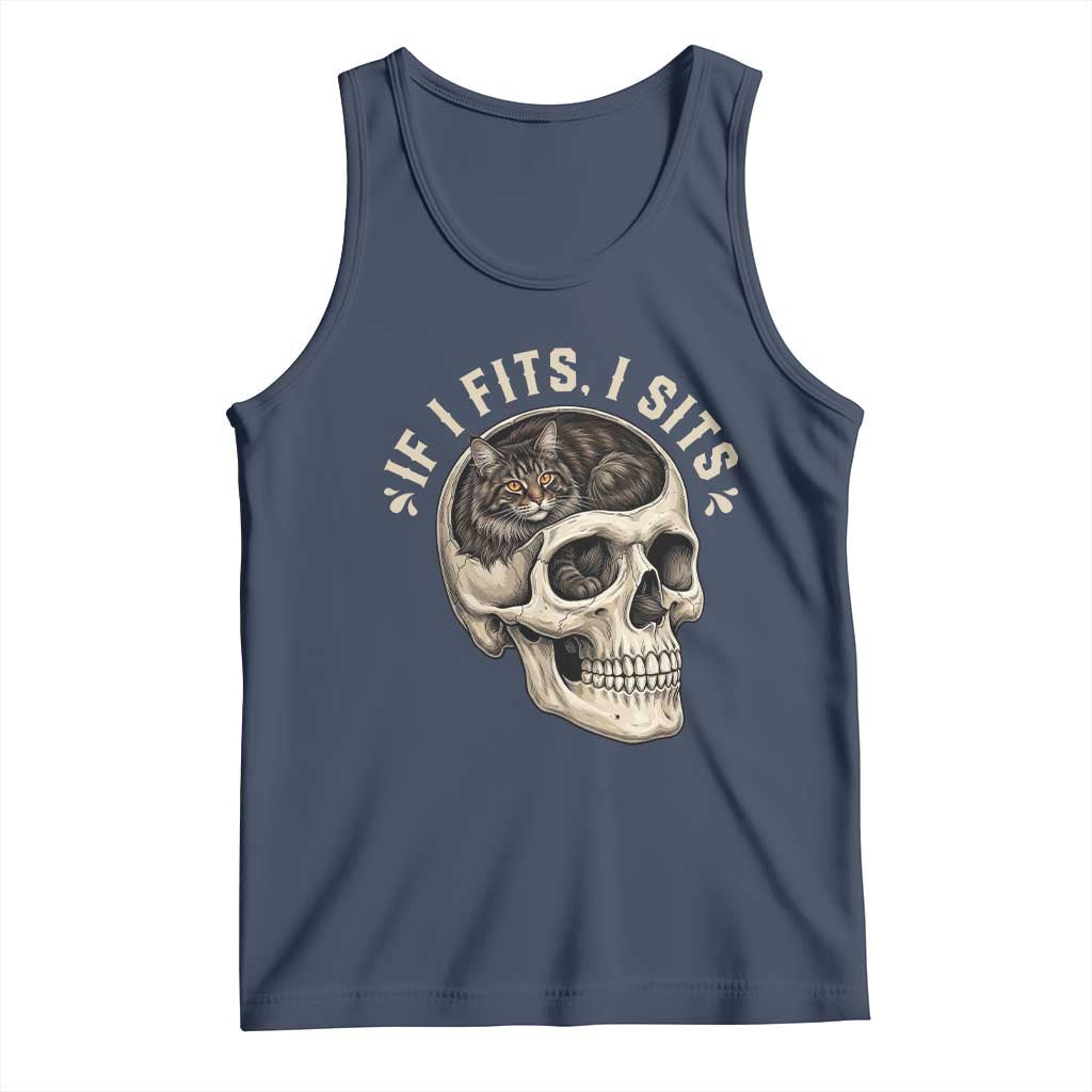 Funny Gothic Black Cat Skull Tank Top If I Fits I Sits TS12 Navy Print Your Wear