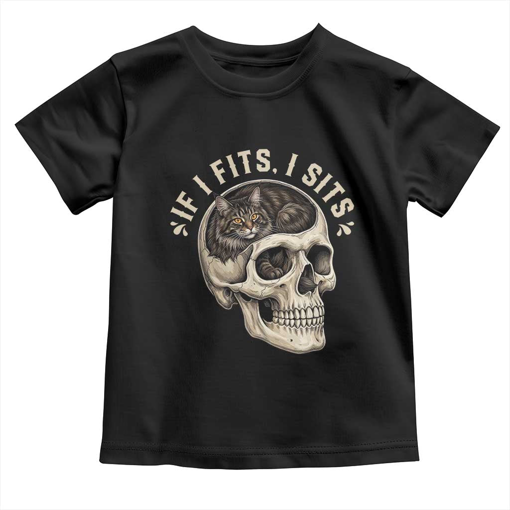 Funny Gothic Black Cat Skull Toddler T Shirt If I Fits I Sits TS12 Black Print Your Wear