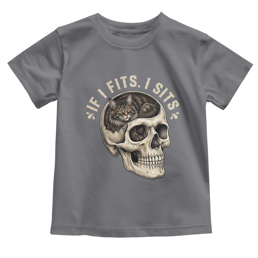 Funny Gothic Black Cat Skull Toddler T Shirt If I Fits I Sits TS12 Charcoal Print Your Wear