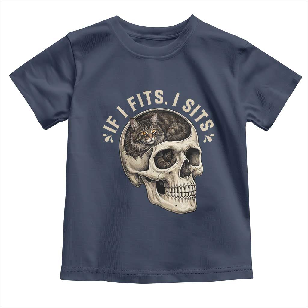 Funny Gothic Black Cat Skull Toddler T Shirt If I Fits I Sits TS12 Navy Print Your Wear