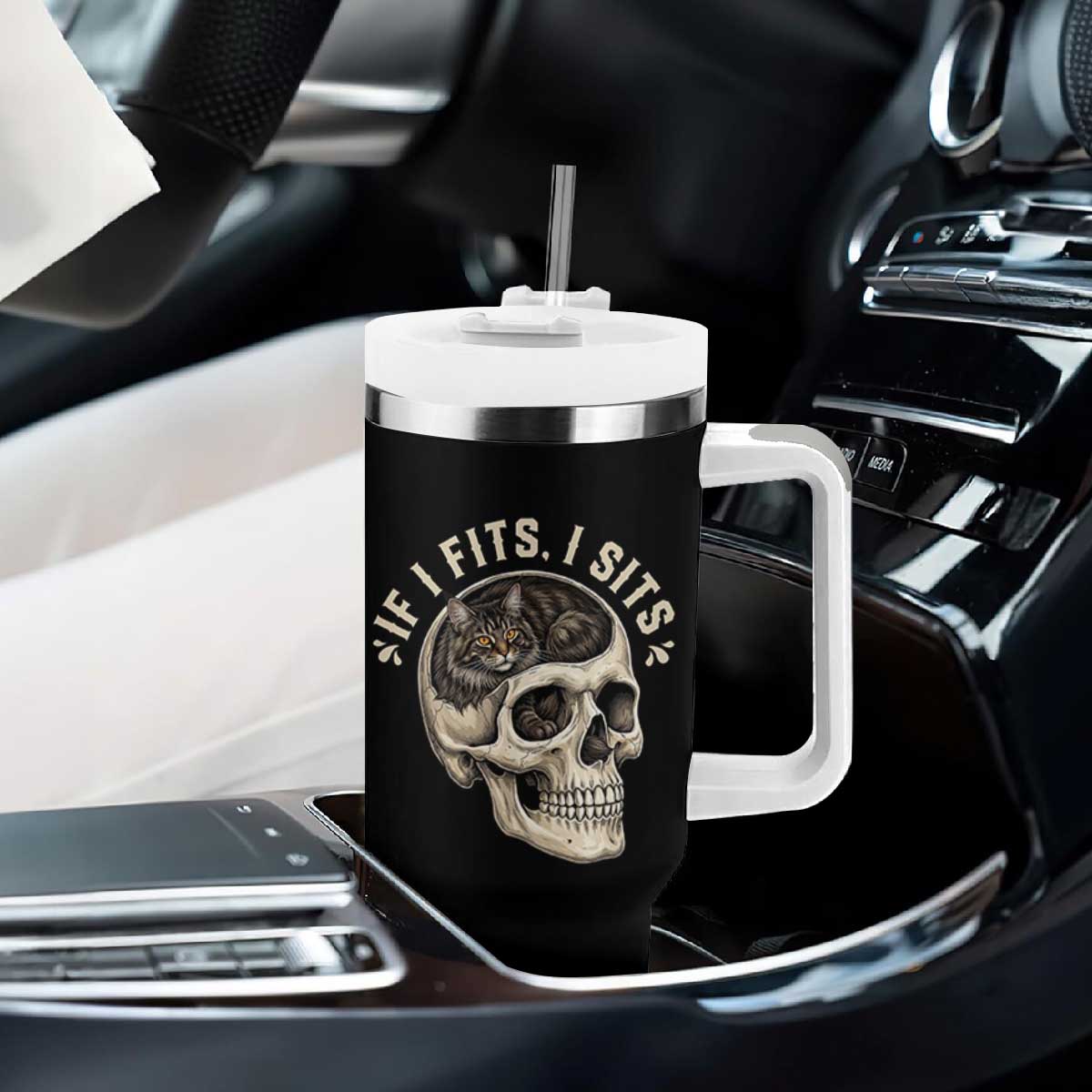 Funny Gothic Black Cat Skull Tumbler With Handle If I Fits I Sits TS12 Print Your Wear