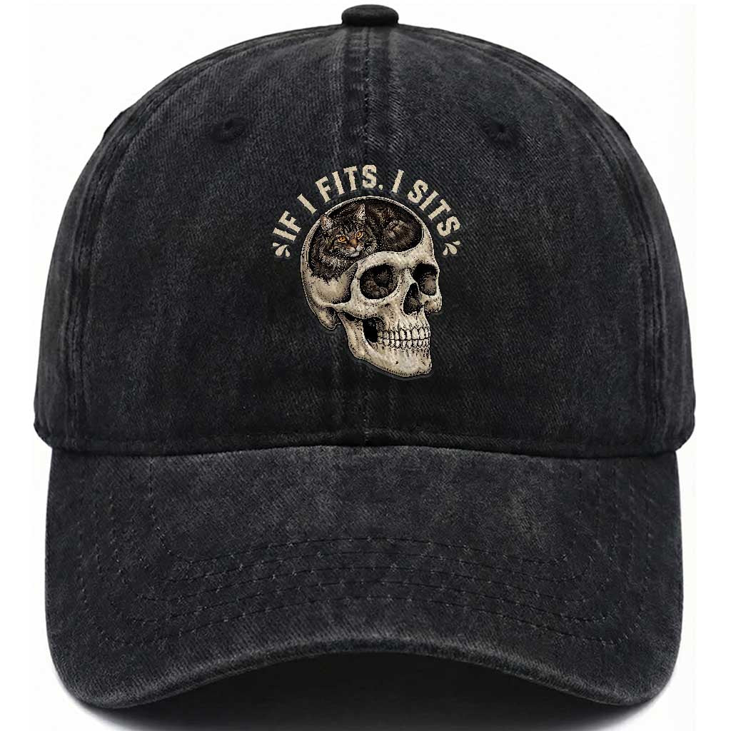 Funny Gothic Black Cat Skull Washed Cotton Baseball Cap If I Fits I Sits TS12 Print Your Wear