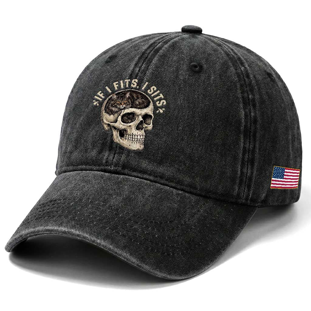 Funny Gothic Black Cat Skull Washed Cotton Baseball Cap If I Fits I Sits TS12 Print Your Wear