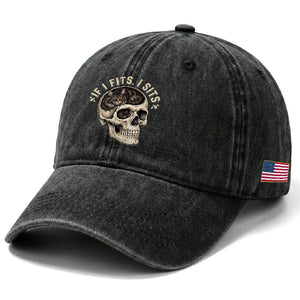 Funny Gothic Black Cat Skull Washed Cotton Baseball Cap If I Fits I Sits TS12 Print Your Wear