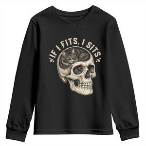 Funny Gothic Black Cat Skull Youth Sweatshirt If I Fits I Sits TS12 Black Print Your Wear