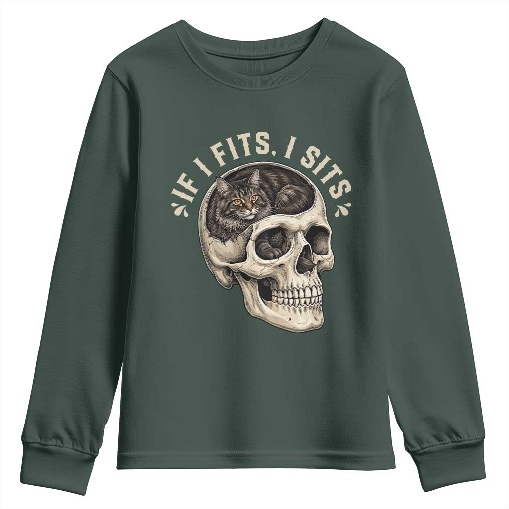 Funny Gothic Black Cat Skull Youth Sweatshirt If I Fits I Sits TS12 Dark Forest Green Print Your Wear