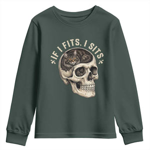 Funny Gothic Black Cat Skull Youth Sweatshirt If I Fits I Sits TS12 Dark Forest Green Print Your Wear