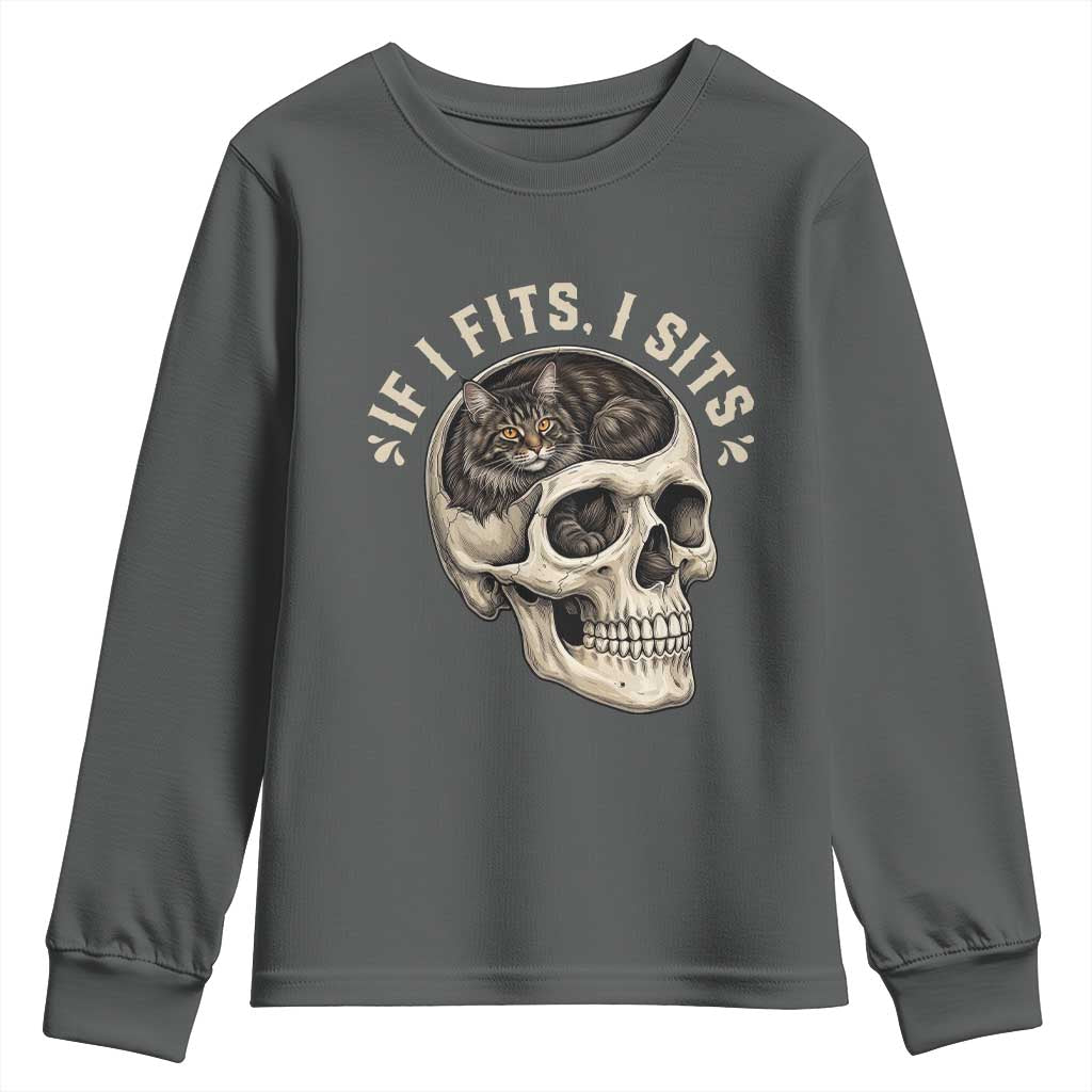 Funny Gothic Black Cat Skull Youth Sweatshirt If I Fits I Sits TS12 Dark Heather Print Your Wear
