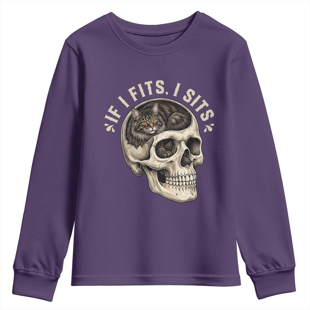 Funny Gothic Black Cat Skull Youth Sweatshirt If I Fits I Sits TS12 Purple Print Your Wear