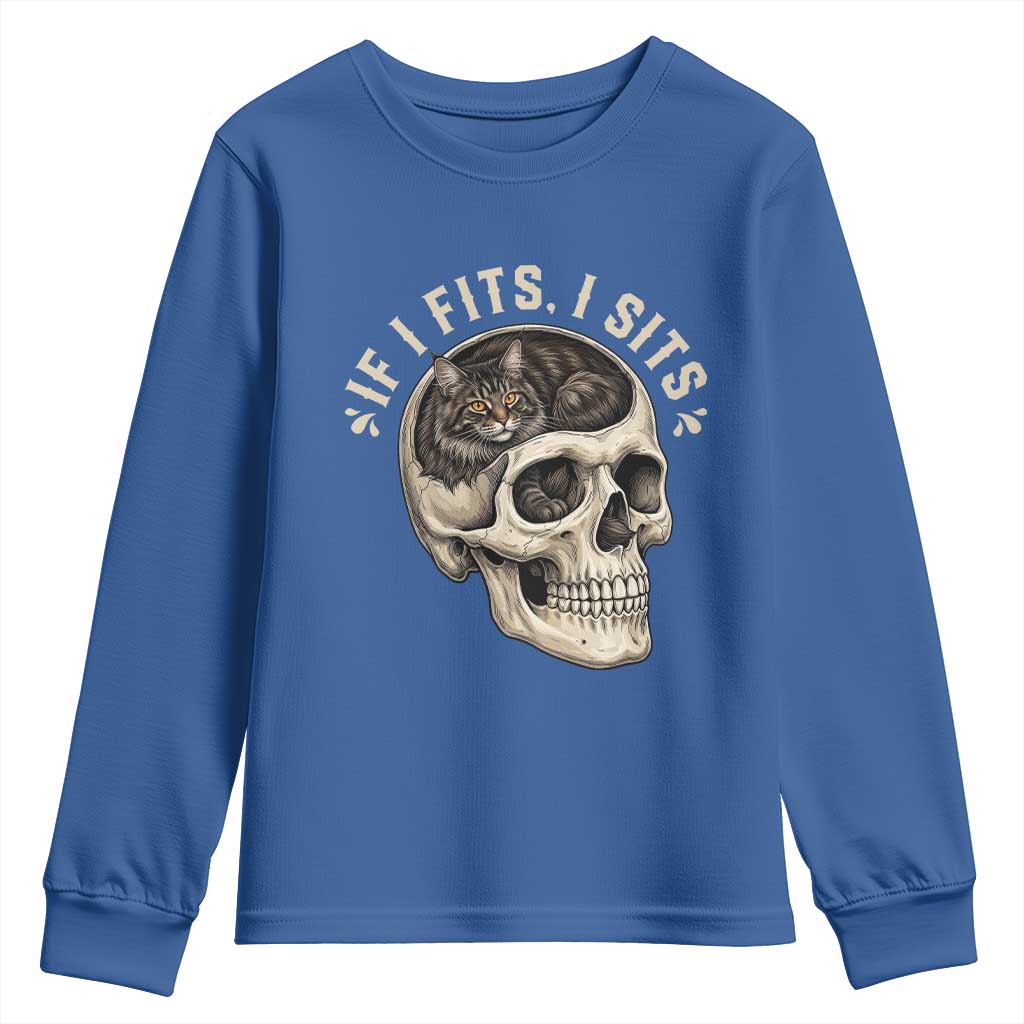 Funny Gothic Black Cat Skull Youth Sweatshirt If I Fits I Sits TS12 Royal Blue Print Your Wear