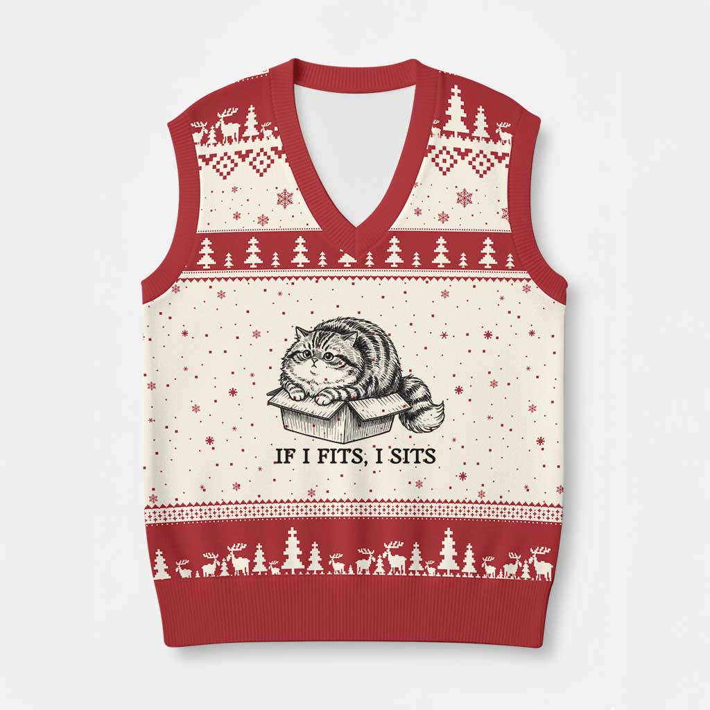 If I Fits I Sits V-Neck Knit Sweater Vest Chubby Kitty Funny Cat Lover Gift TS12 Beige Red Print Your Wear