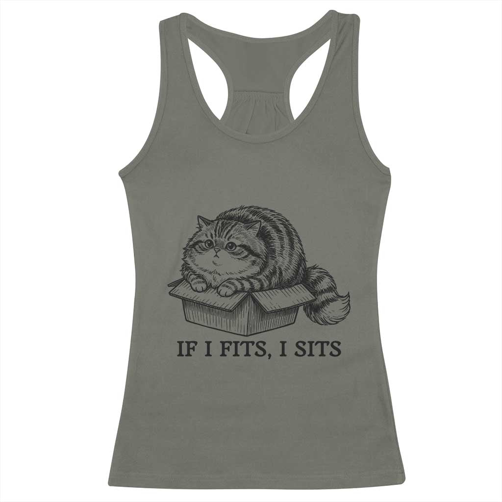 If I Fits I Sits Racerback Tank Top Chubby Kitty Funny Cat Lover Gift TS12 Military Green Print Your Wear