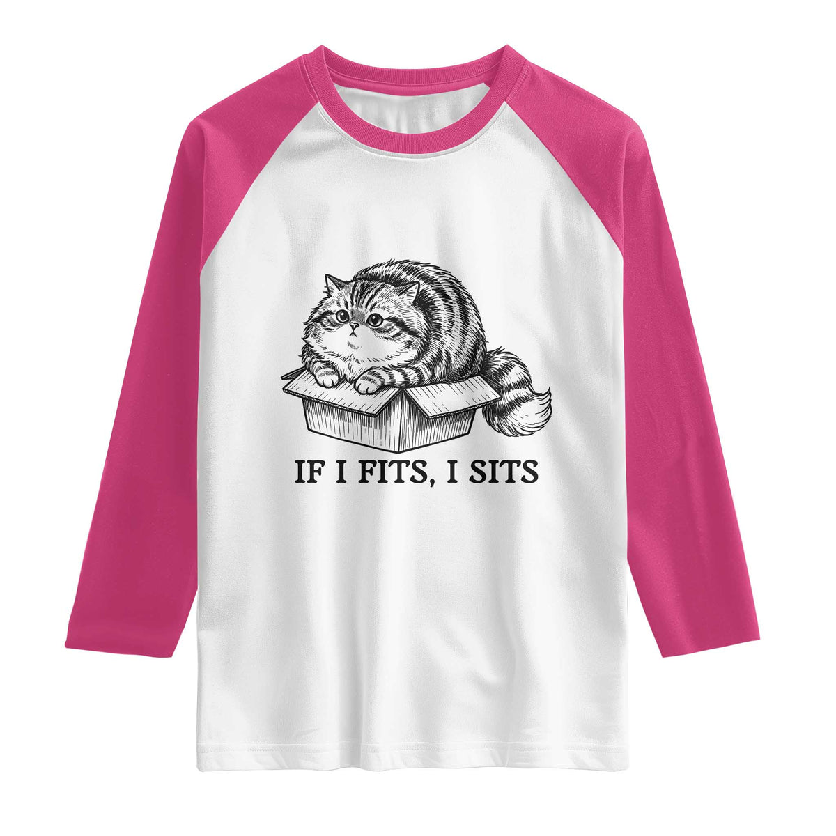 If I Fits I Sits Raglan Shirt Chubby Kitty Funny Cat Lover Gift TS12 White Heliconia Print Your Wear