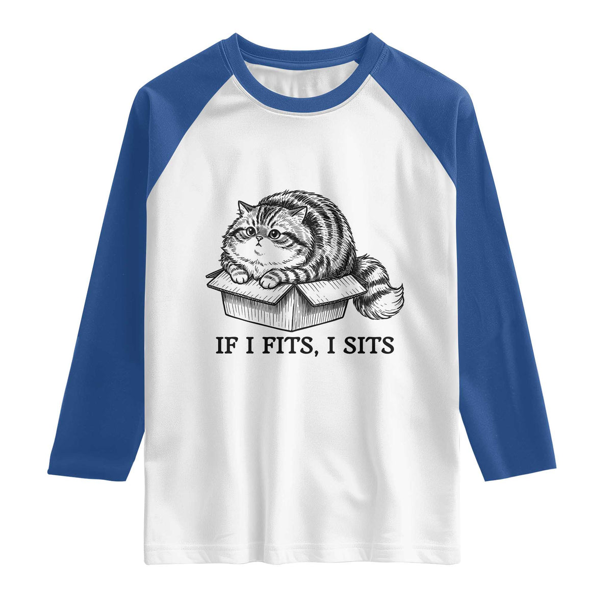 If I Fits I Sits Raglan Shirt Chubby Kitty Funny Cat Lover Gift TS12 White Royal Print Your Wear