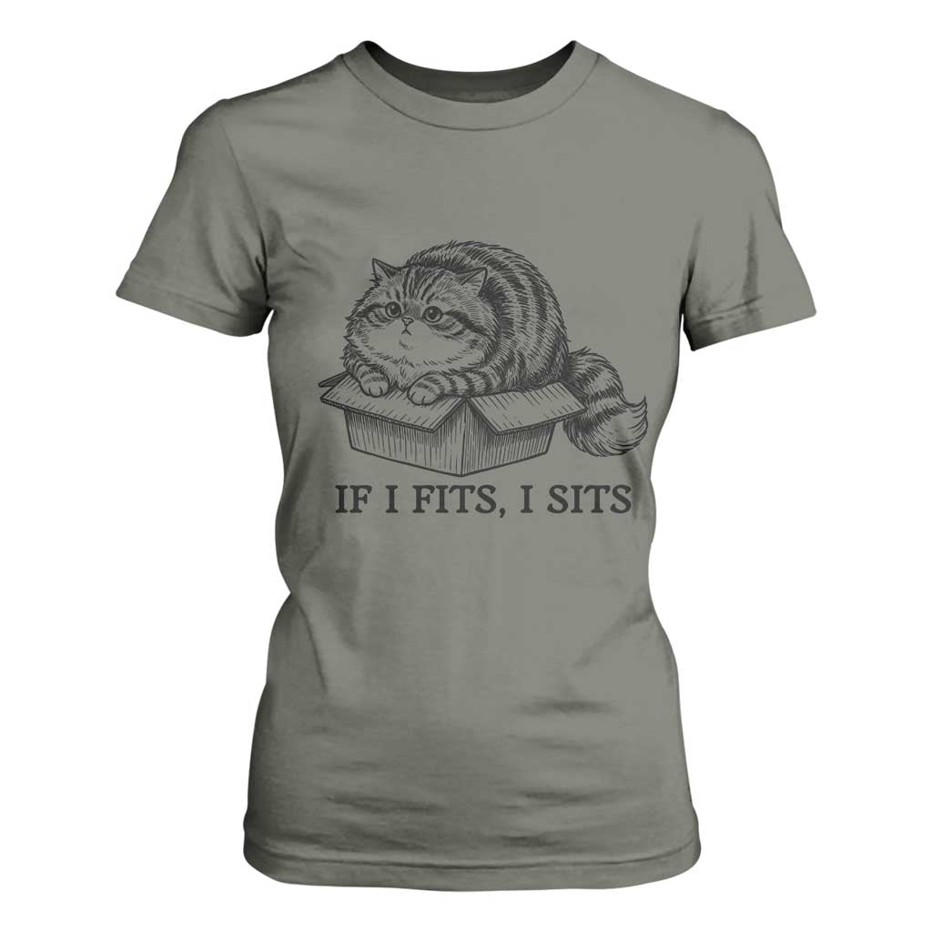 If I Fits I Sits T Shirt For Women Chubby Kitty Funny Cat Lover Gift TS12 Military Green Print Your Wear