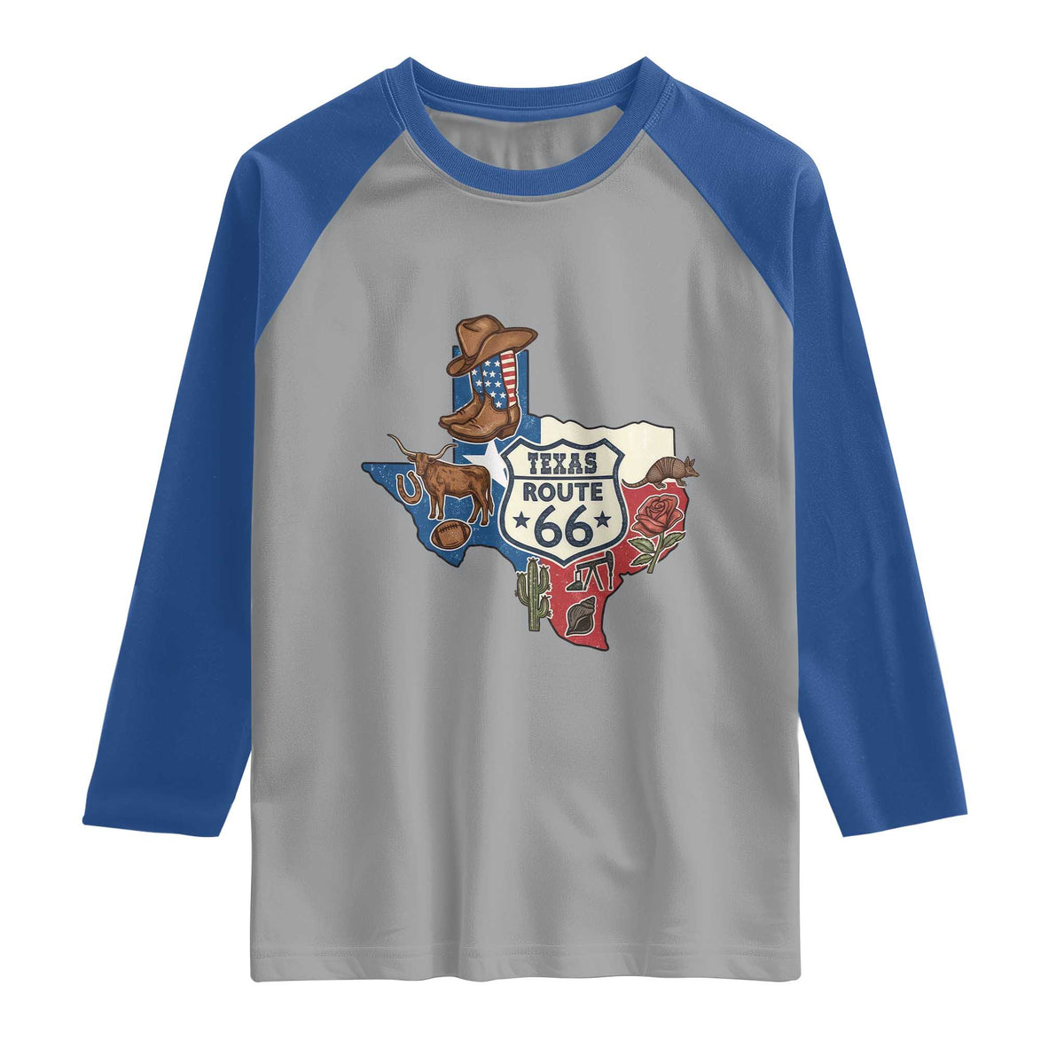 Texas Route Highway 66 Adventure Raglan Shirt Desert Road Trip Graphic TS12 Sport Gray Royal Print Your Wear