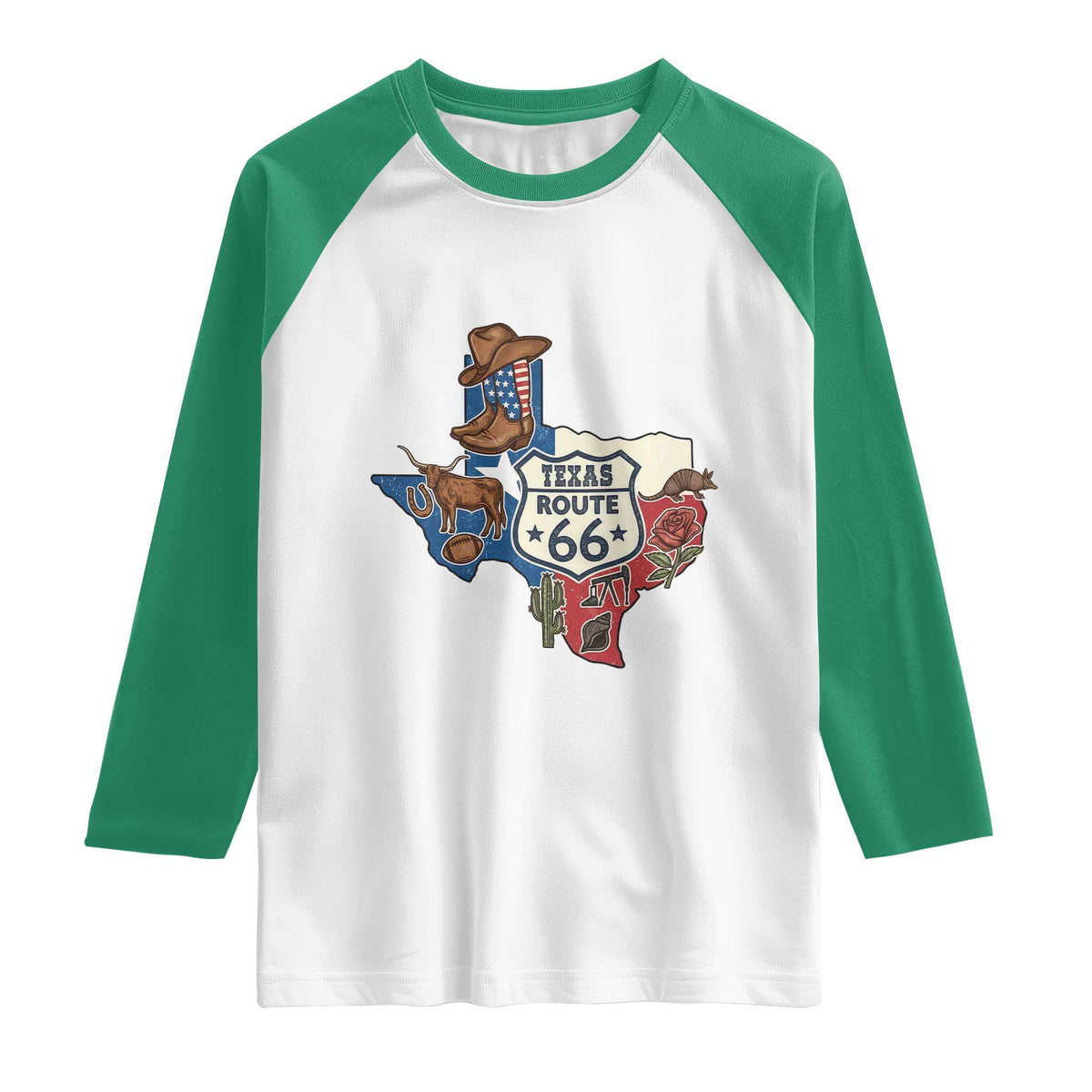 Texas Route Highway 66 Adventure Raglan Shirt Desert Road Trip Graphic TS12 White Kelly Green Print Your Wear