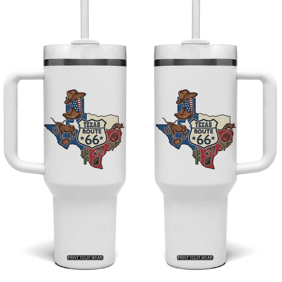 Texas Route Highway 66 Adventure Tumbler With Handle Desert Road Trip Graphic TS12 One Size: 40 oz White Print Your Wear