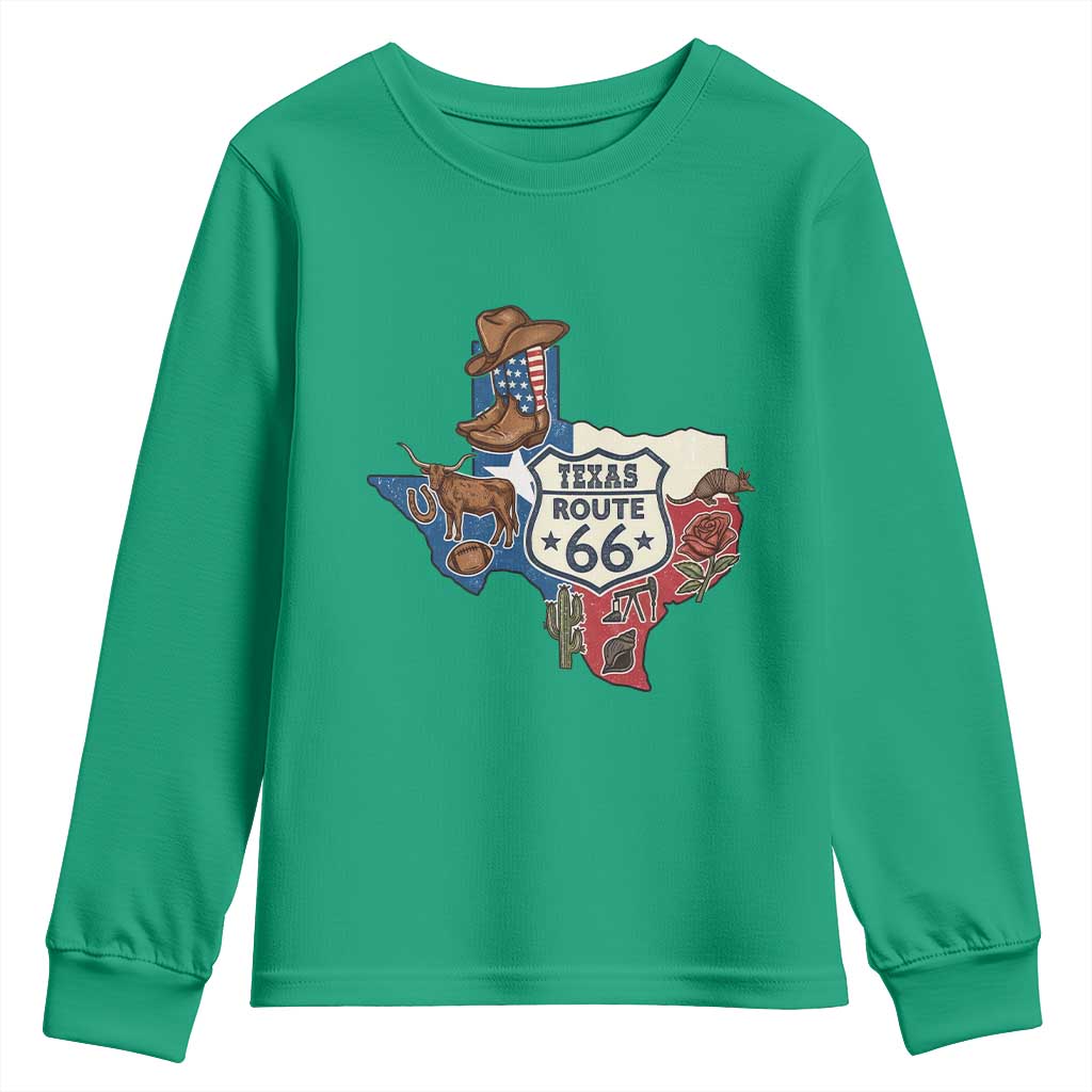 Texas Route Highway 66 Adventure Youth Sweatshirt Desert Road Trip Graphic TS12 Irish Green Print Your Wear
