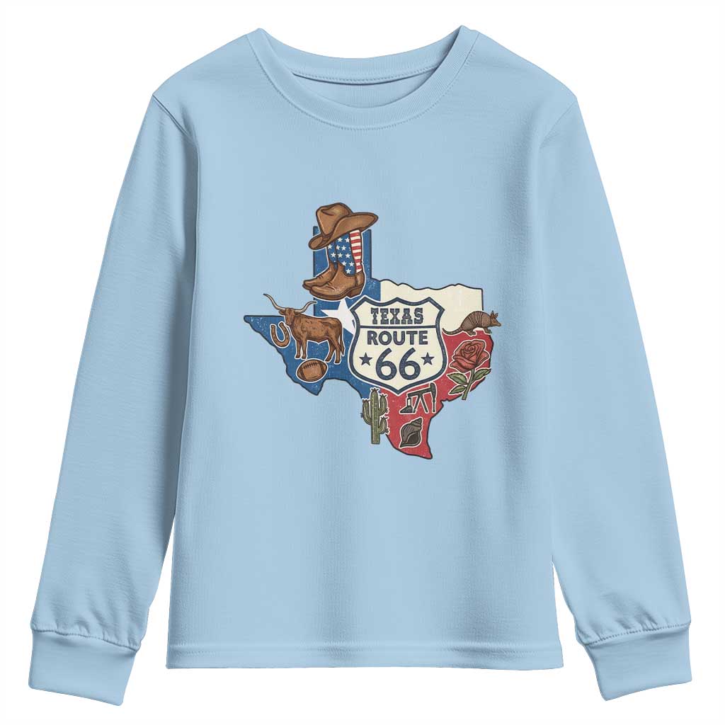 Texas Route Highway 66 Adventure Youth Sweatshirt Desert Road Trip Graphic TS12 Light Blue Print Your Wear