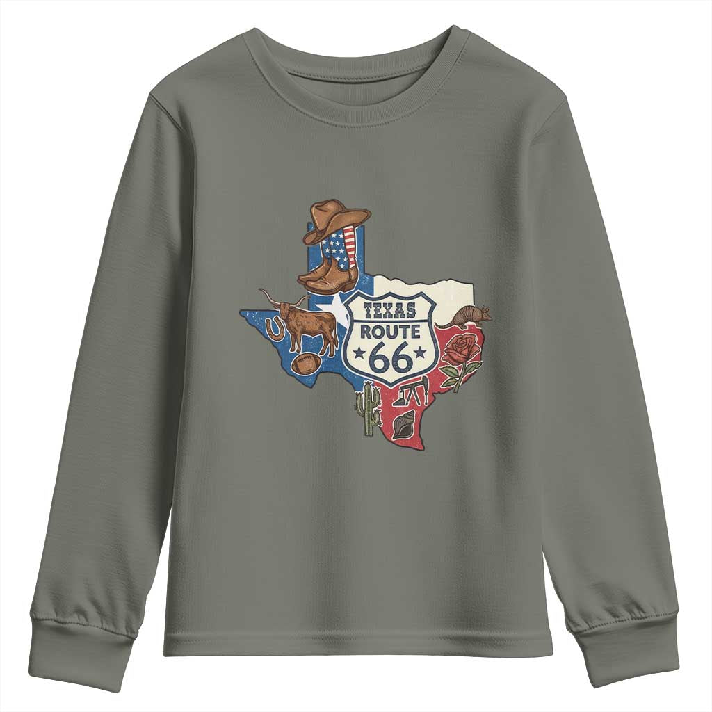 Texas Route Highway 66 Adventure Youth Sweatshirt Desert Road Trip Graphic TS12 Military Green Print Your Wear