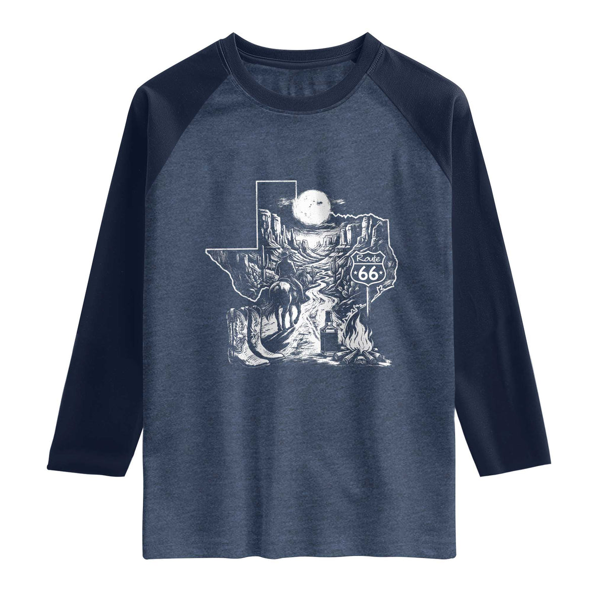 The Mother Road Texas Panhandle Raglan Shirt Vintage Desert Road Trip TS12 Heather Denim Navy Print Your Wear