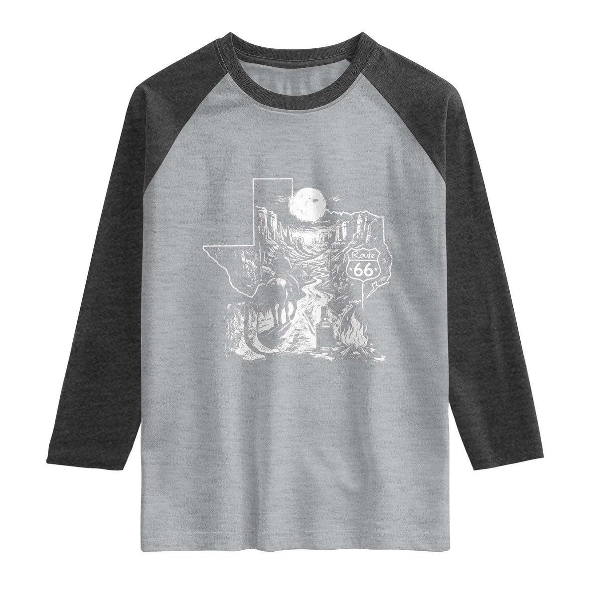 The Mother Road Texas Panhandle Raglan Shirt Vintage Desert Road Trip TS12 Heather Gray Heather Charcoal Print Your Wear