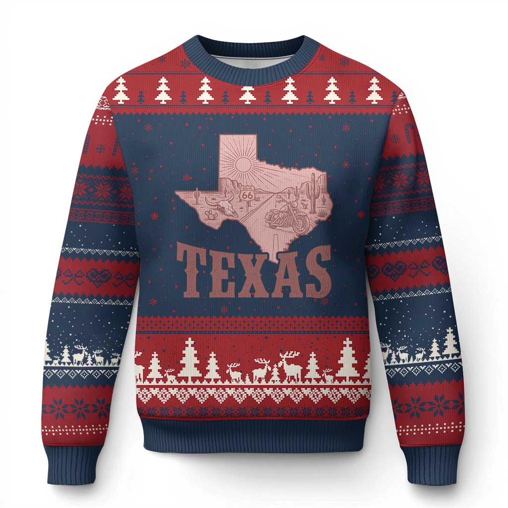 Texas Route Highway 66 Biker Ugly Christmas Sweater Vintage Biker Road Trip TS12 Navy Red Print Your Wear