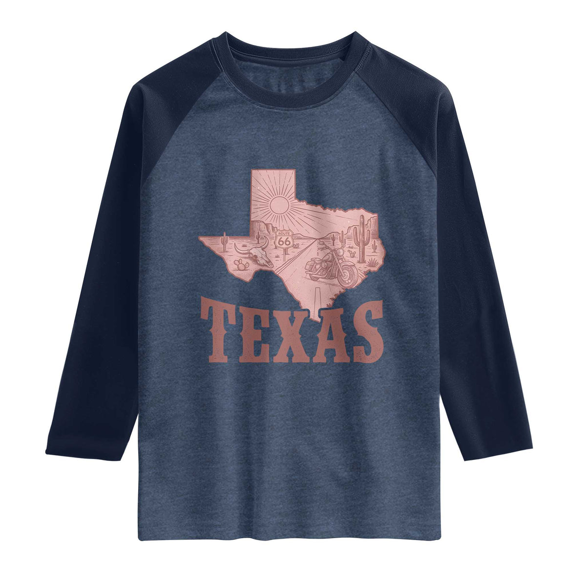 Texas Route Highway 66 Biker Raglan Shirt Vintage Biker Road Trip TS12 Heather Denim Navy Print Your Wear