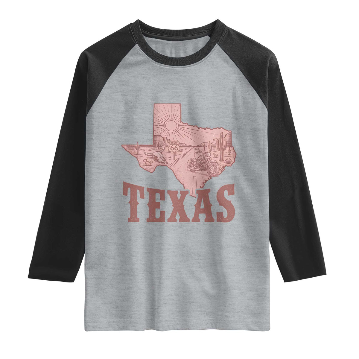 Texas Route Highway 66 Biker Raglan Shirt Vintage Biker Road Trip TS12 Heather Gray Black Print Your Wear