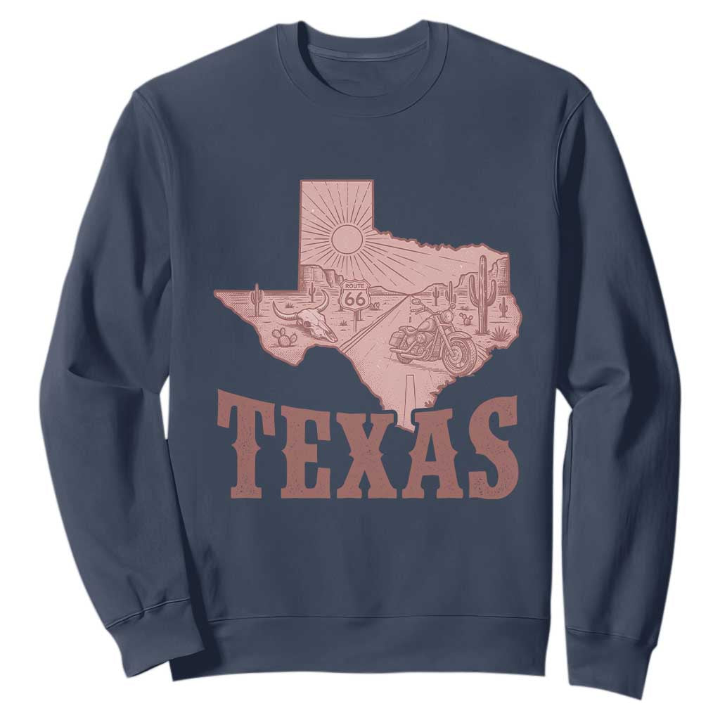 Texas Route Highway 66 Biker Sweatshirt Vintage Biker Road Trip TS12 Navy Print Your Wear