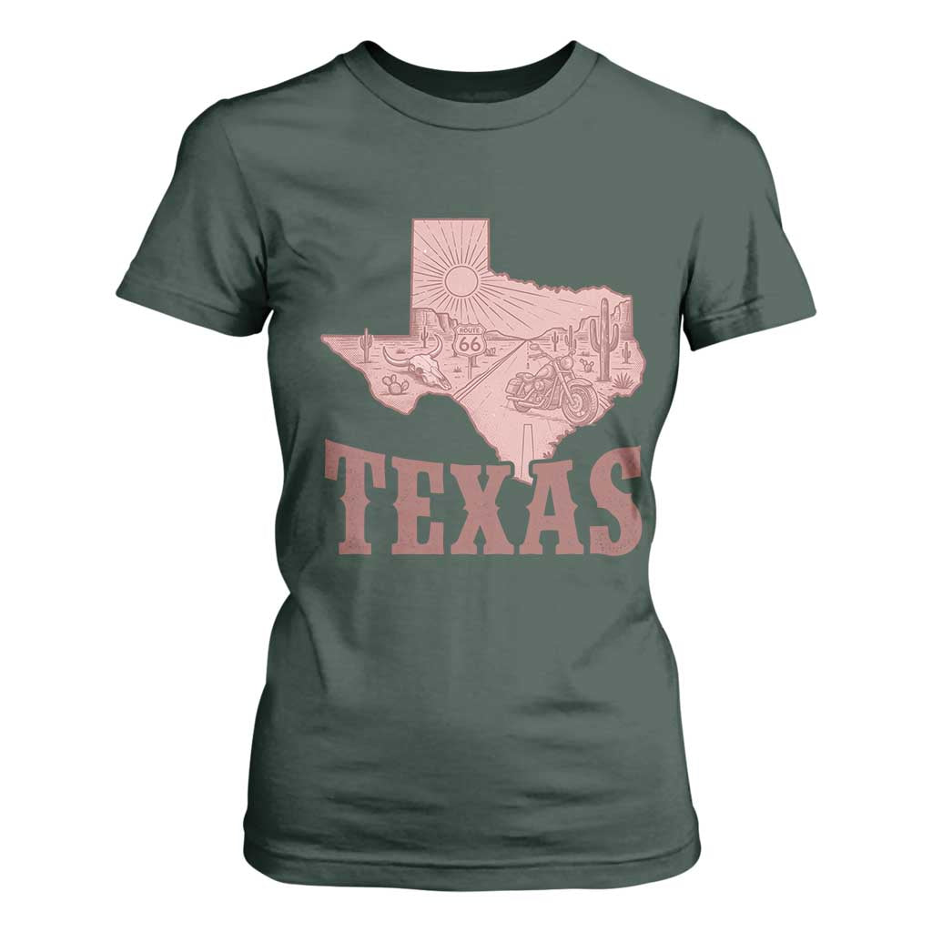 Texas Route Highway 66 Biker T Shirt For Women Vintage Biker Road Trip TS12 Dark Forest Green Print Your Wear