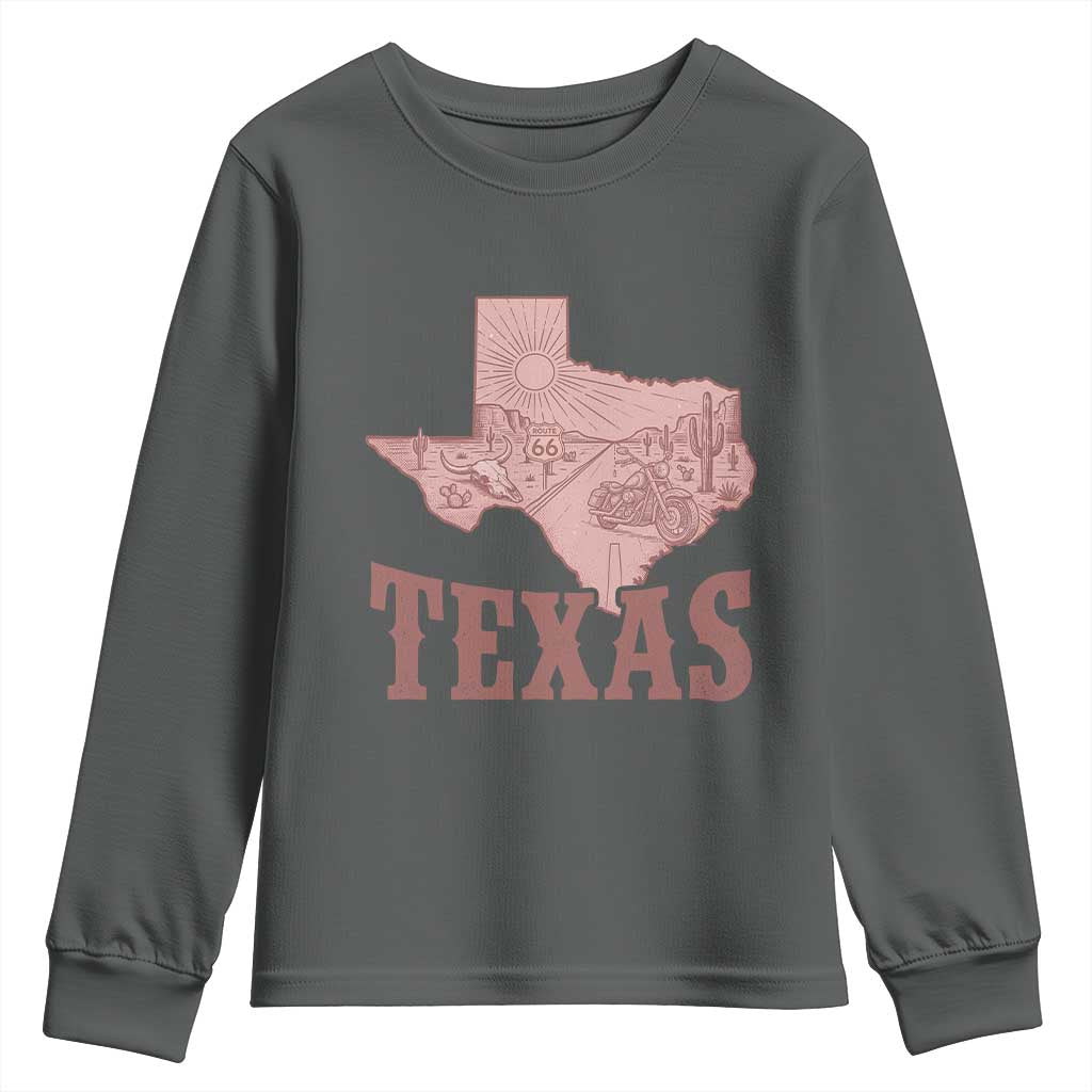 Texas Route Highway 66 Biker Youth Sweatshirt Vintage Biker Road Trip TS12 Dark Heather Print Your Wear