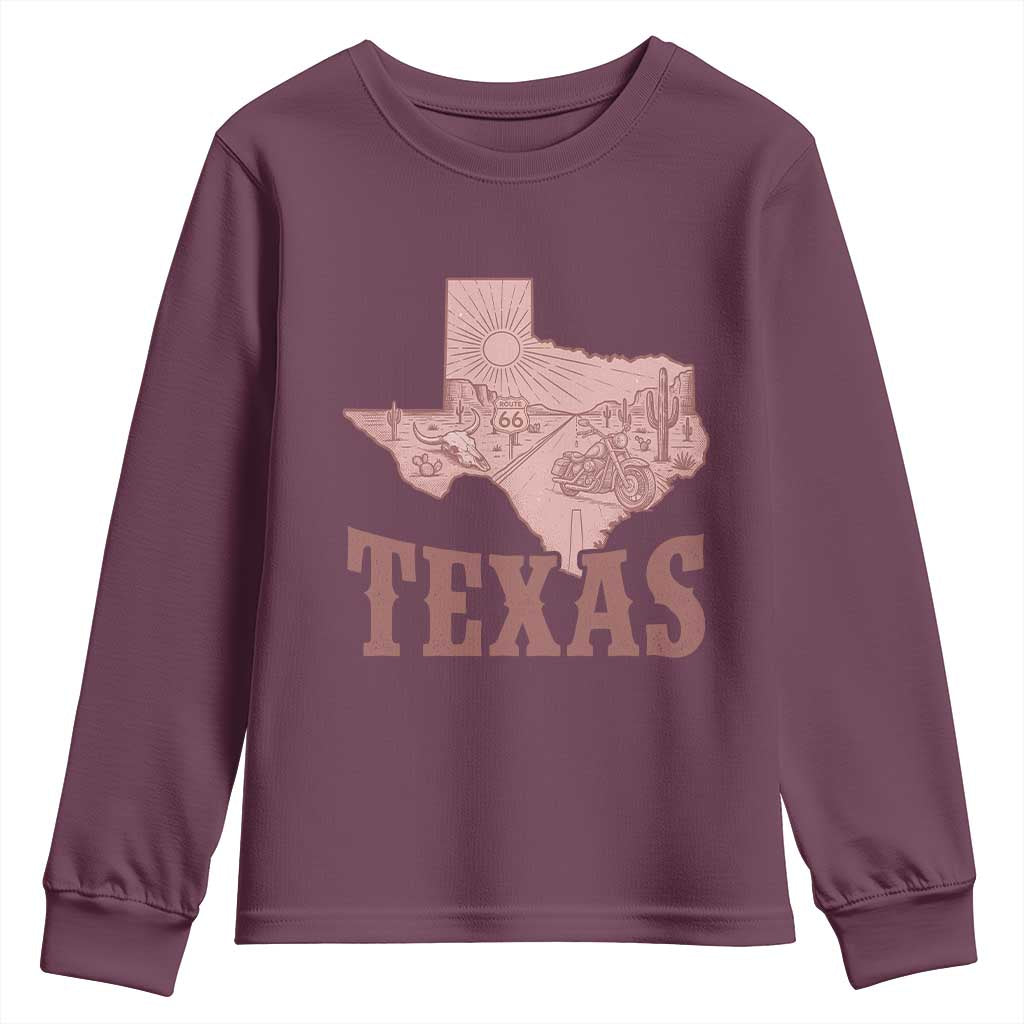 Texas Route Highway 66 Biker Youth Sweatshirt Vintage Biker Road Trip TS12 Maroon Print Your Wear