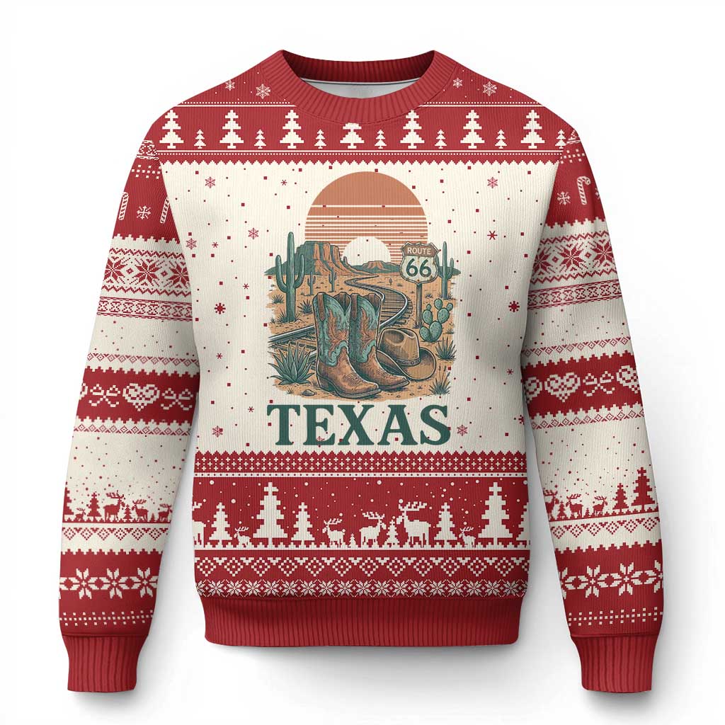 Vintage Route Highway 66 Texas Ugly Christmas Sweater Amarillo Road Trip Adventure TS12 Beige Red Print Your Wear