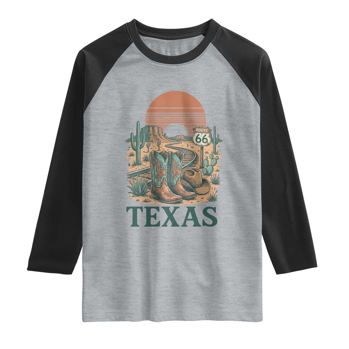 Vintage Route Highway 66 Texas Raglan Shirt Amarillo Road Trip Adventure TS12 Heather Gray Black Print Your Wear