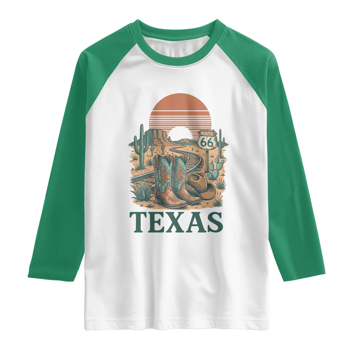 Vintage Route Highway 66 Texas Raglan Shirt Amarillo Road Trip Adventure TS12 White Kelly Green Print Your Wear