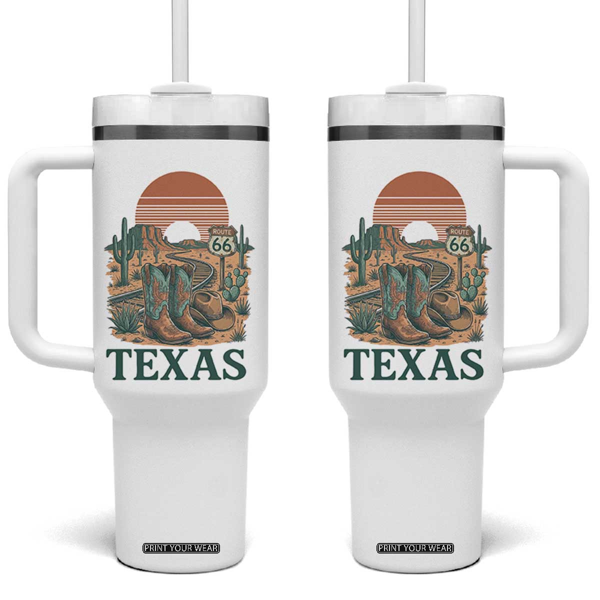 Vintage Route Highway 66 Texas Tumbler With Handle Amarillo Road Trip Adventure TS12 One Size: 40 oz White Print Your Wear