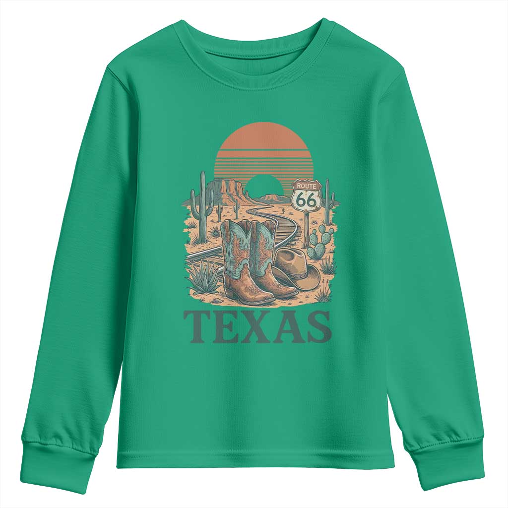 Vintage Route Highway 66 Texas Youth Sweatshirt Amarillo Road Trip Adventure TS12 Irish Green Print Your Wear