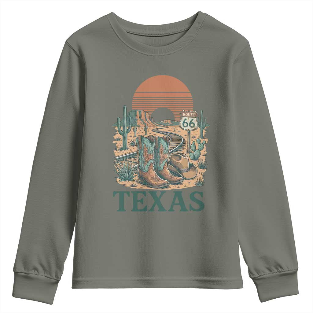 Vintage Route Highway 66 Texas Youth Sweatshirt Amarillo Road Trip Adventure TS12 Military Green Print Your Wear