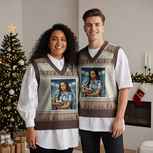 Funny Argentina Soccer Mona Lisa V-Neck Knit Sweater Vest Football Fan Pride Graphic