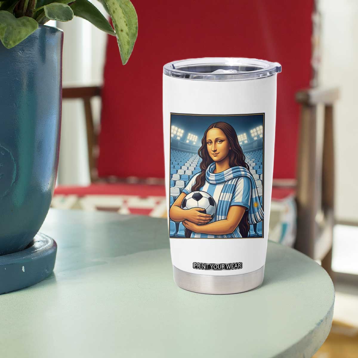 Funny Argentina Soccer Mona Lisa Tumbler Cup Football Fan Pride Graphic