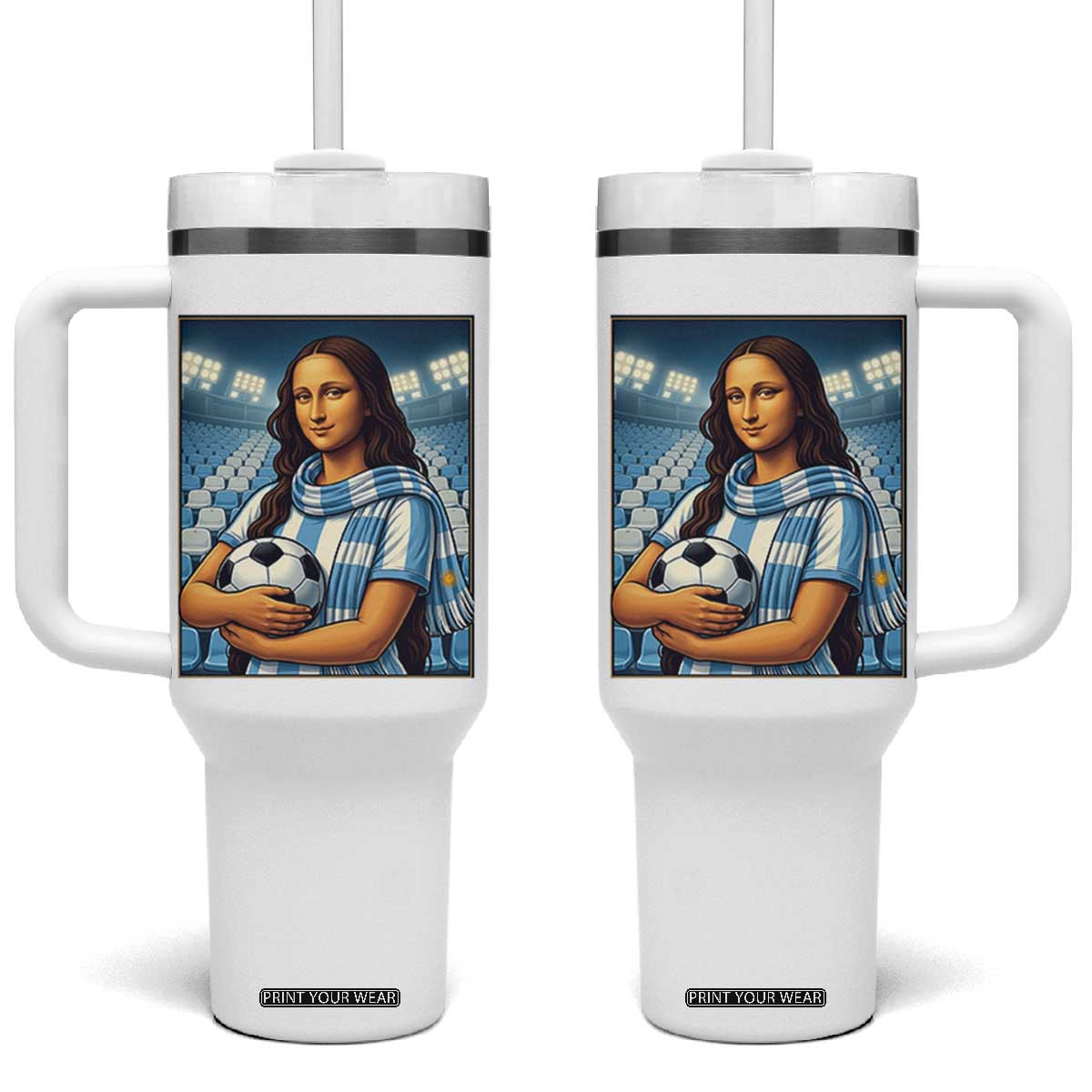 Funny Argentina Soccer Mona Lisa Tumbler With Handle Football Fan Pride Graphic