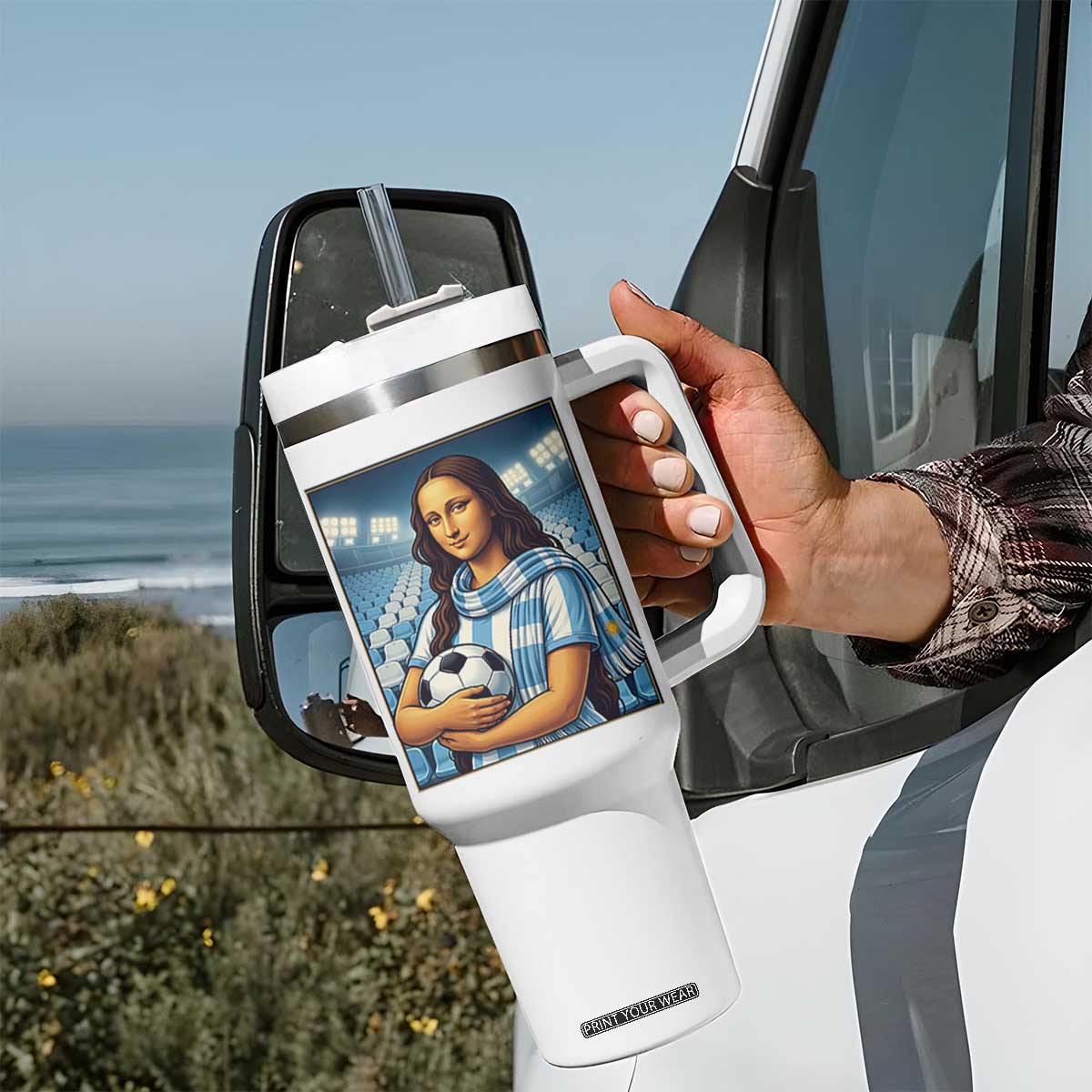 Funny Argentina Soccer Mona Lisa Tumbler With Handle Football Fan Pride Graphic