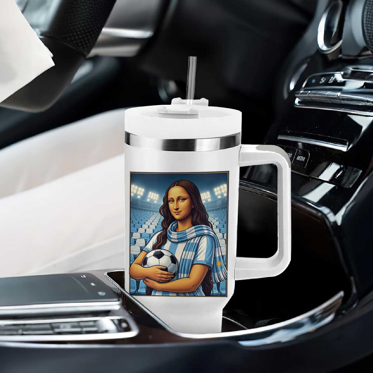 Funny Argentina Soccer Mona Lisa Tumbler With Handle Football Fan Pride Graphic