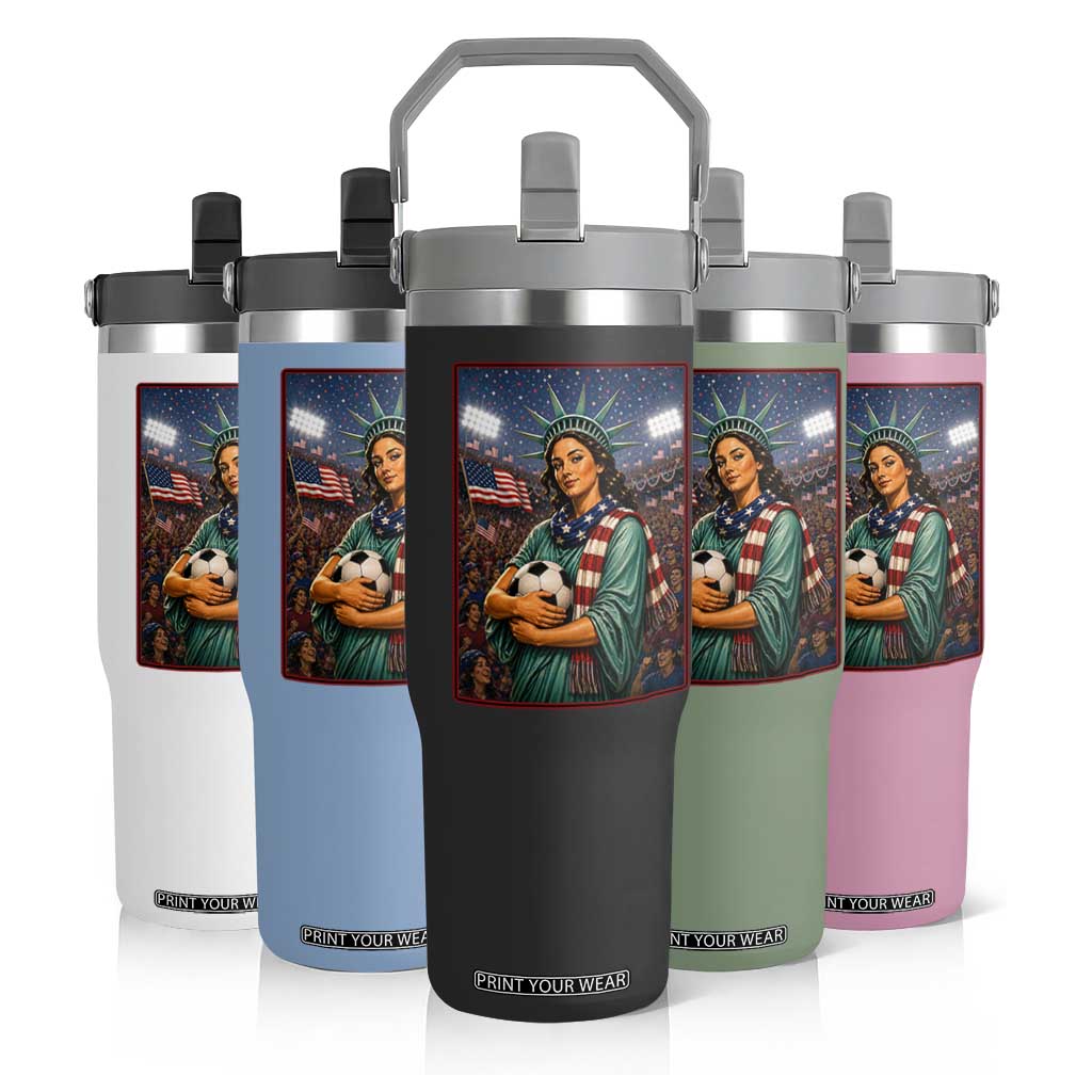 Funny Statue Of Liberty Soccer Gift Flip Straw Tumbler USA Football Pride