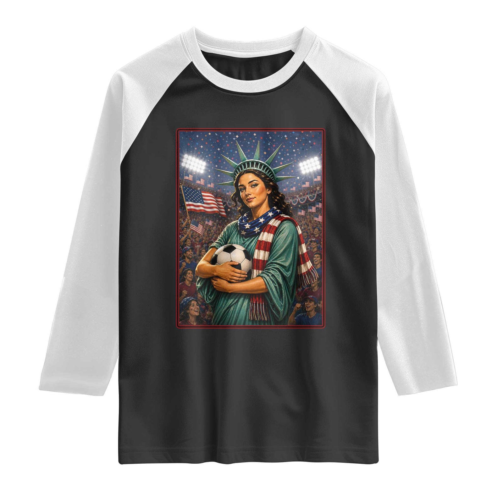 Funny Statue Of Liberty Soccer Gift Raglan Shirt USA Football Pride TS12 Black White Print Your Wear